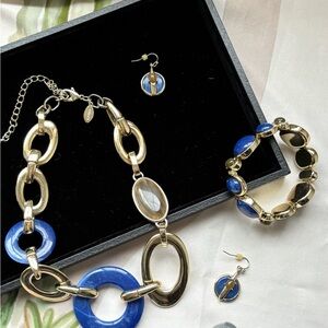 Chico's Gold and Blue Necklace Bracelet Earrings Set